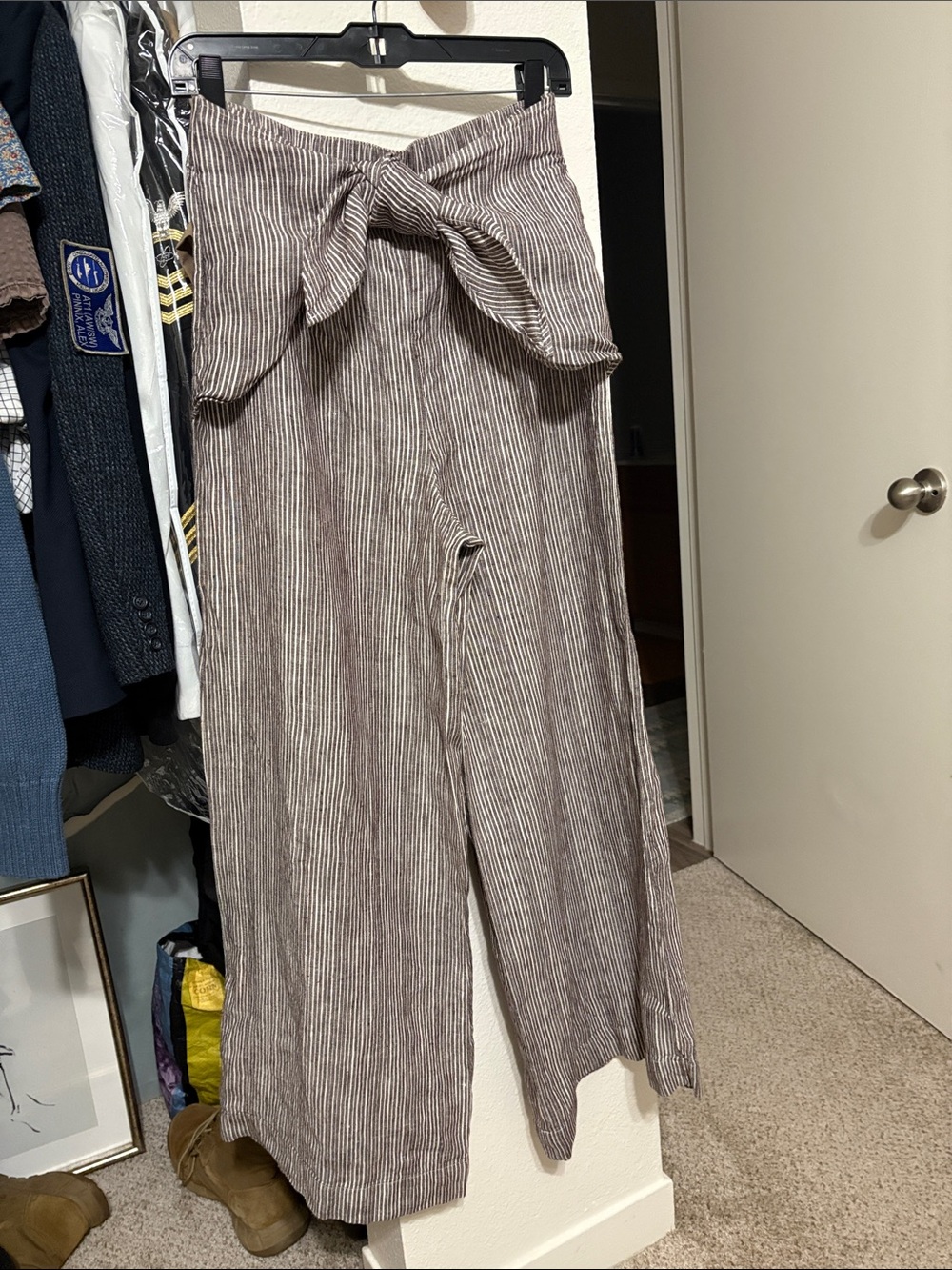 Anthropologie Brown & White Striped Wide-Leg Tie-Waist Pants